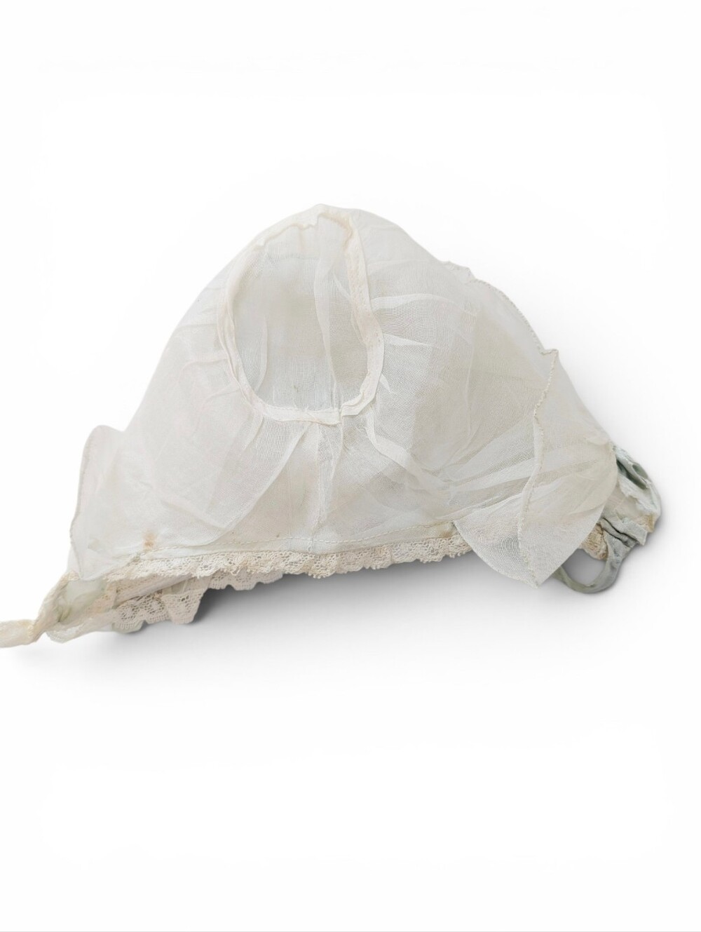 TRUE VINTAGE Lace Childrens Bonnet Authentic Silk Heirloom Hat Rare Cream Blue - Picture 3 of 12